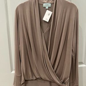 Veronica M Taupe V-neck Draped Blouse